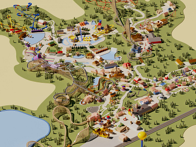 Theme Park map art 3d adventureland amusement park c4d cinema 4d coasters concessions isometric map park playground redshift rides roller coasters theme park trees